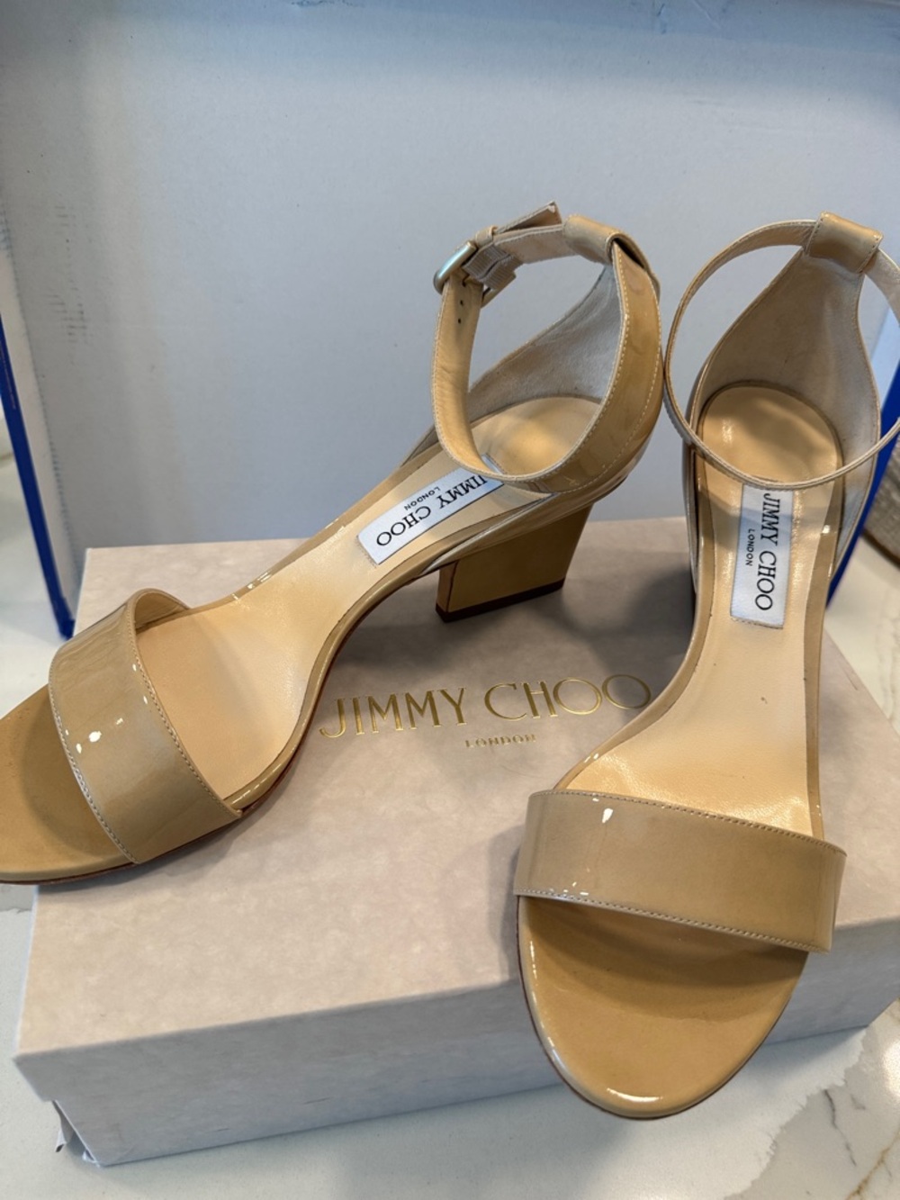 Jimmy Choo Beige Patent Block Heel Ankle-Strap Sandals EUR 41.5